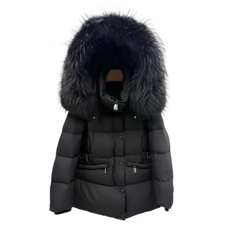 Winter New European Fox Big Fur Collar White Goose Down Jacket Women's Short Hooded Waist Thickened Coat