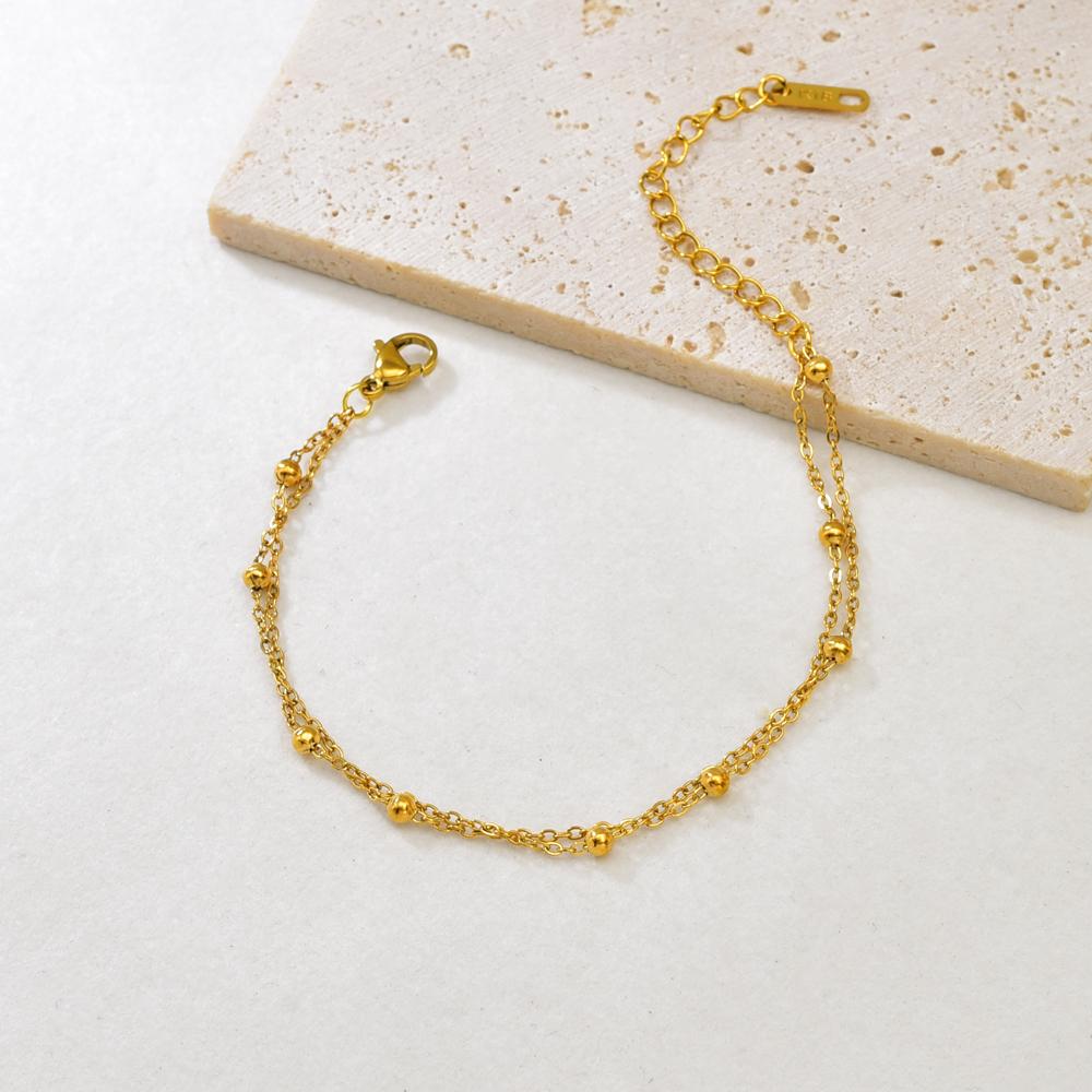 S09 Simple Korean Double-layer round Ball Small ball Gold bead bracelet, stainless steel gold women's
