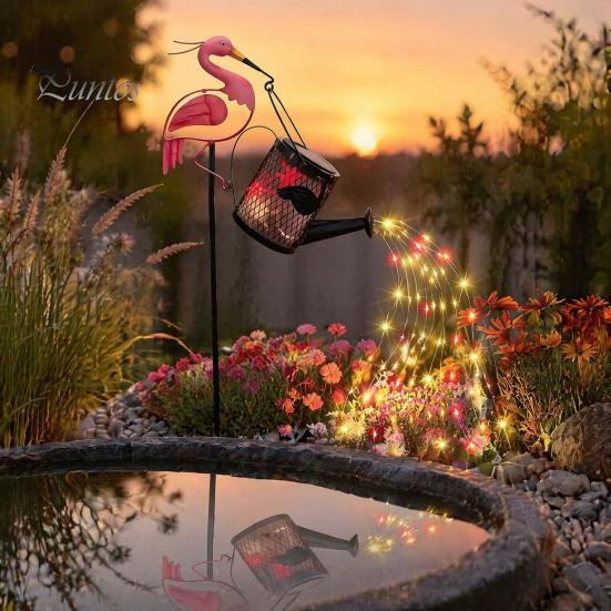 Romantic Garden Path Decor Flamingo Statue with Solar Watering Can Lights, Decorative Iron Weather Resistant Yard Decorations Outdoor Lawn Ornament