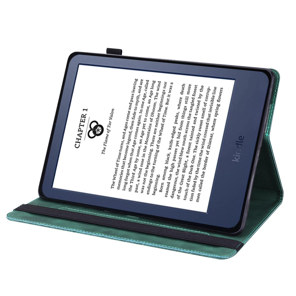 

For Amazon Kindle Paperwhite 6 (2022) PU Leather E-Reader Case Pattern Imprinted Card Holder Stand Cover Green