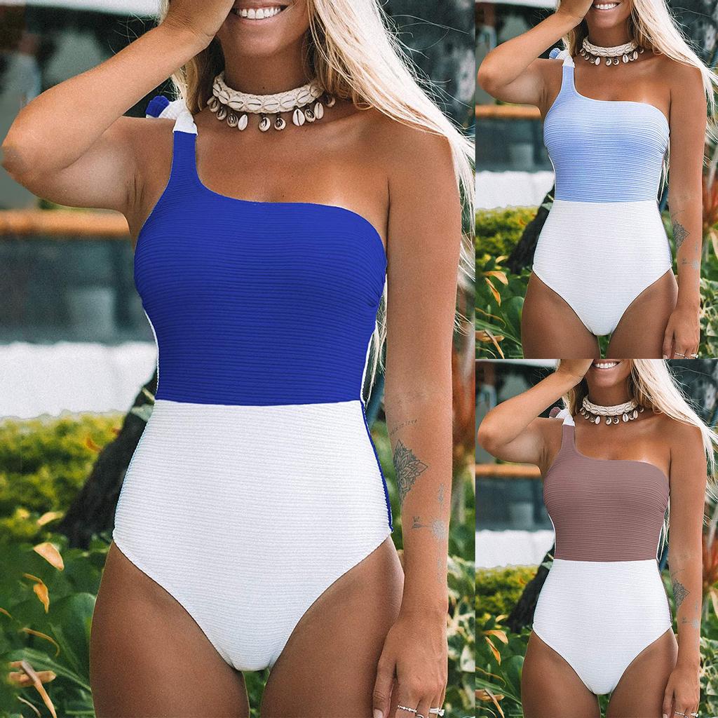 Women Swimwear Block Color One-Piece Swimsuit One Shoulder Bowknot Bathing Suit
