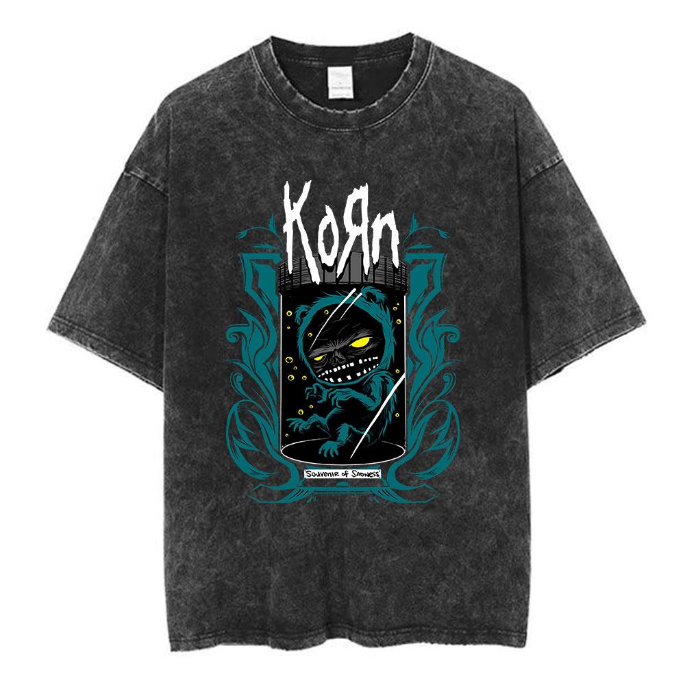 Korn Skull Wings Girls Juniors Black Washed T Shirt Metal Gothic Rock T Shirts Men's Vintage Oversized T-shirts