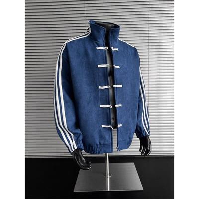 Blue and White Splicing Three Bars Stand-up Collar Jacket Men's Autumn Suede Wear New Buckle High-end Top