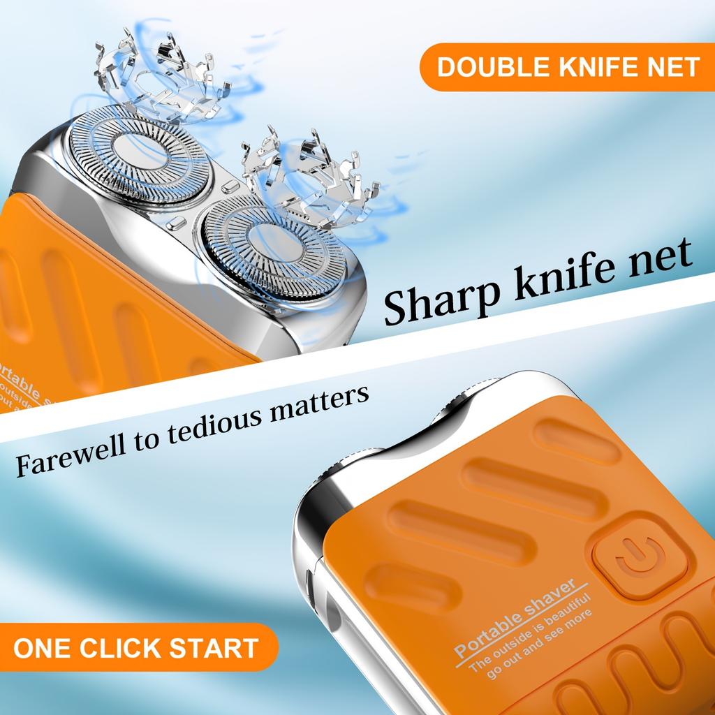 Men'S Electric Shaver with Dual Blades - Fast-Charging USB-C, Long-Lasting Lithium Battery, Compact & Portable Design - Orange/ Metallic Accents