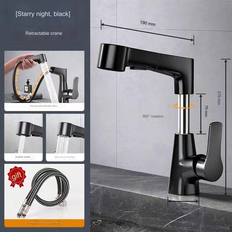 Robinet de apă caldă și rece pentru chiuvetă de baie cu funcție de extragere, robinet de pulverizare cu amestecare, pivotant la 360º, ridicabil