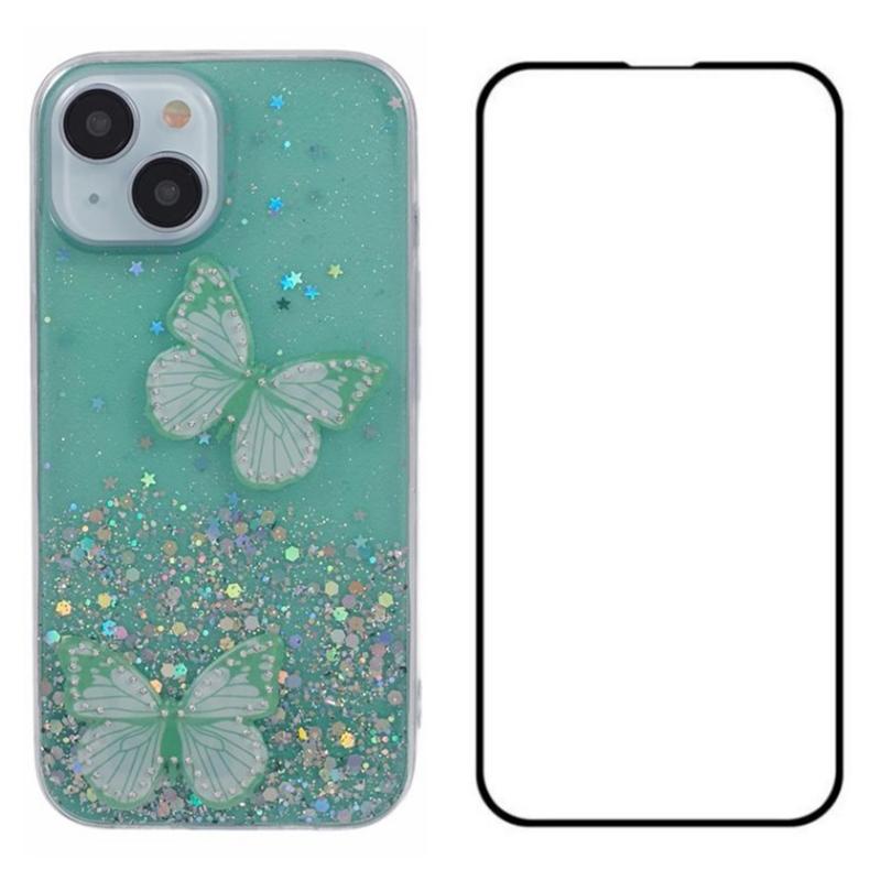 

For iPhone 13 TPU Case PVC Butterfly Glitter Back Cover with Screen Protector Green