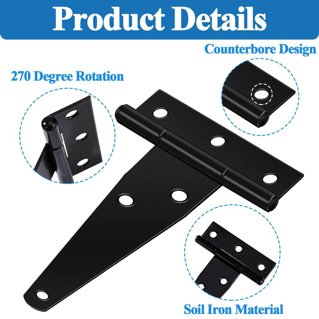 Wopanxye 2pcs 100mm Load Capacity Hinges, Black T Shape Silent Epoxy Coated Wrought Iron