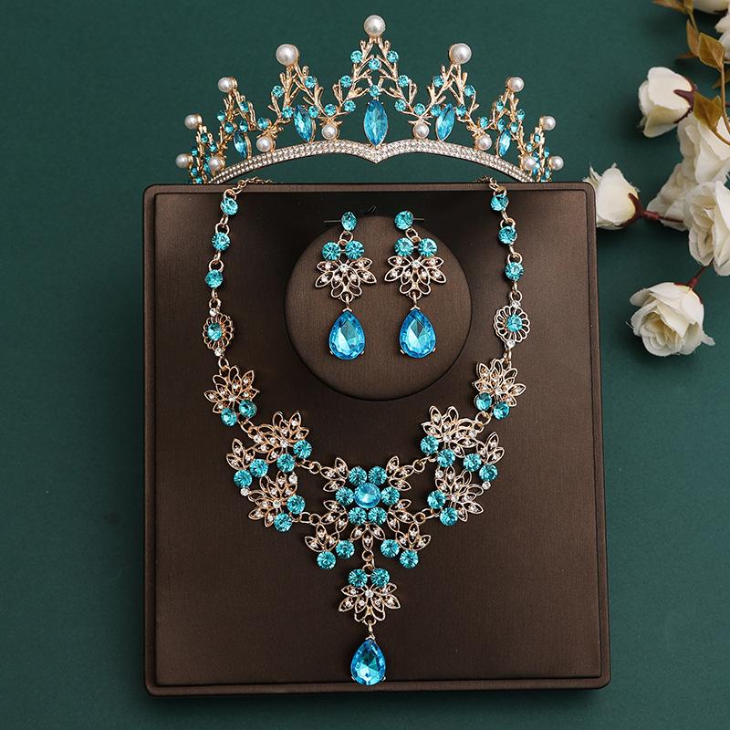 DIEZI Korean Sky Blue Crystal Crown Women Girls Headwear Luxury Bridal Bride Tiaras Necklace Earrings Wedding Party Jewelry Sets