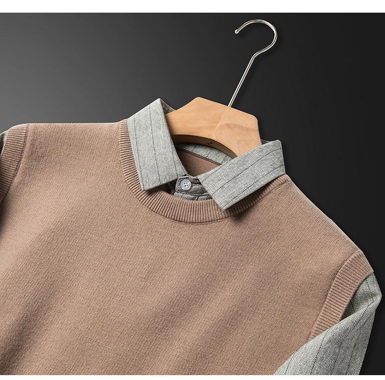 Pulover Bărbați Două în Unu cu Guler de Cămașă, Top Casual Tricotat Primăvară/Toamnă 2025