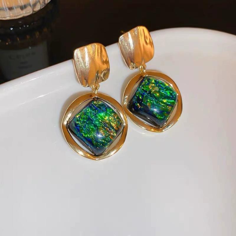 Retro Trend Gradient Green Color Geometric Pendant Earrings, Women's Personalized Ethnic Style Holiday Accessories Zircon