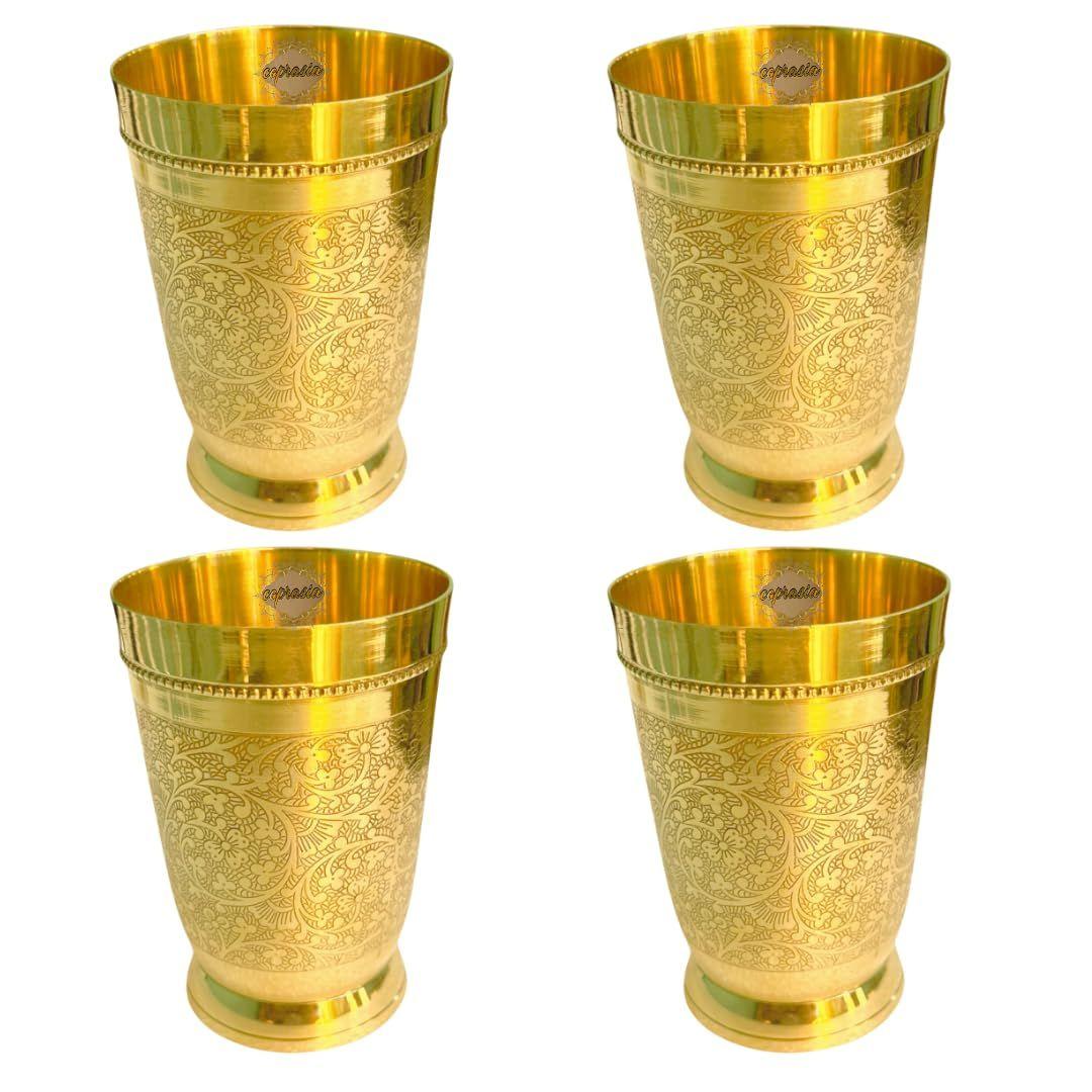 

Brass Dining Glass || Drinking Brass Glass || Brass Tumbler with Embosed Design - Capacity 300 ml (Pack of 4 Glasses)