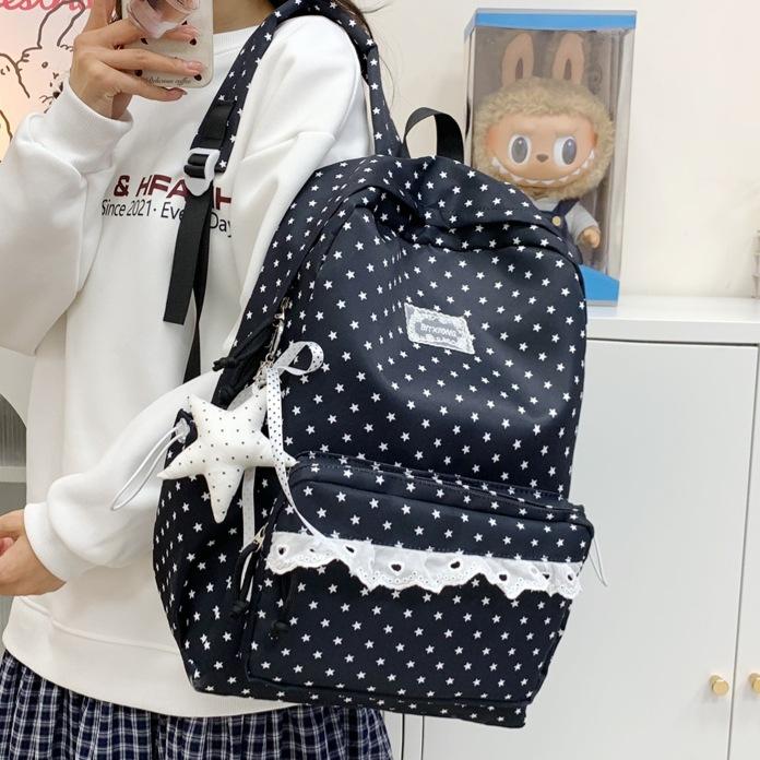 Zaino Grigio Nebbia con Ciondolo a Forma di Stella in Pizzo Borsa da Scuola Femminile Semplice a Pois Vento Gentile Zaino Grande Capacità per Studenti delle Scuole Medie