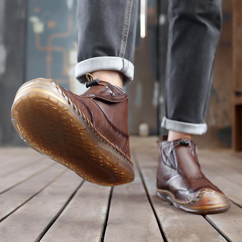 Men Handmade Casual Hiking Boots Outdoor Brown High Top Wide Palm Driving Shoes Large Size