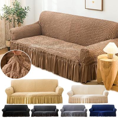Stretch Seersucker Sofa Cover With Skirt Soft Thick Couch Cover Detachable Washable Non -Slip 1 2 3 4 Seater Furniture Protector