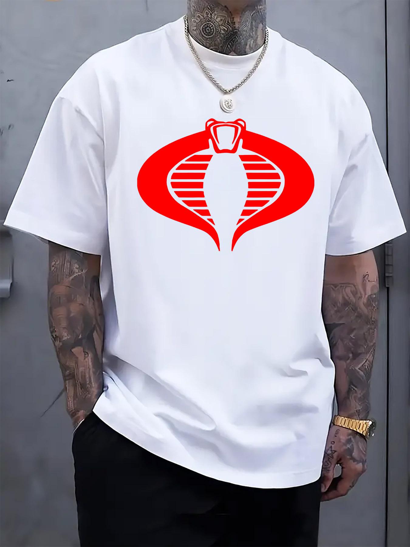 Casual Black T-shirt with Red Cobra Graphic - Classic Round Neck M