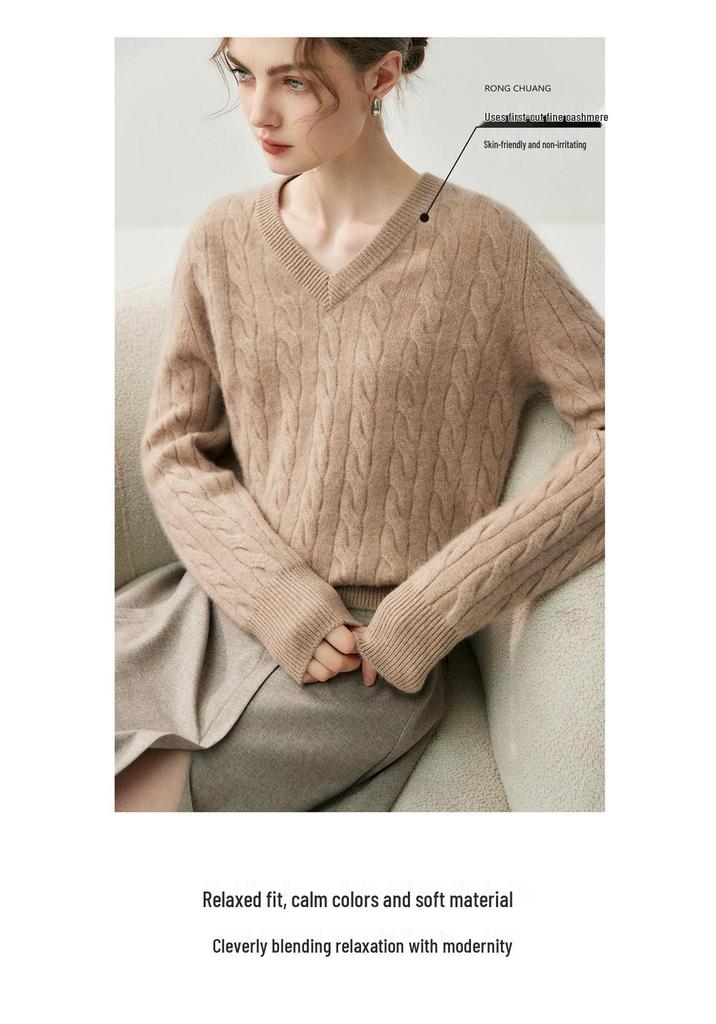Korean Style V-neck Cable Knit Cashmere Sweater - Retro Autumn/Winter Women's Pullover in Solid Color.