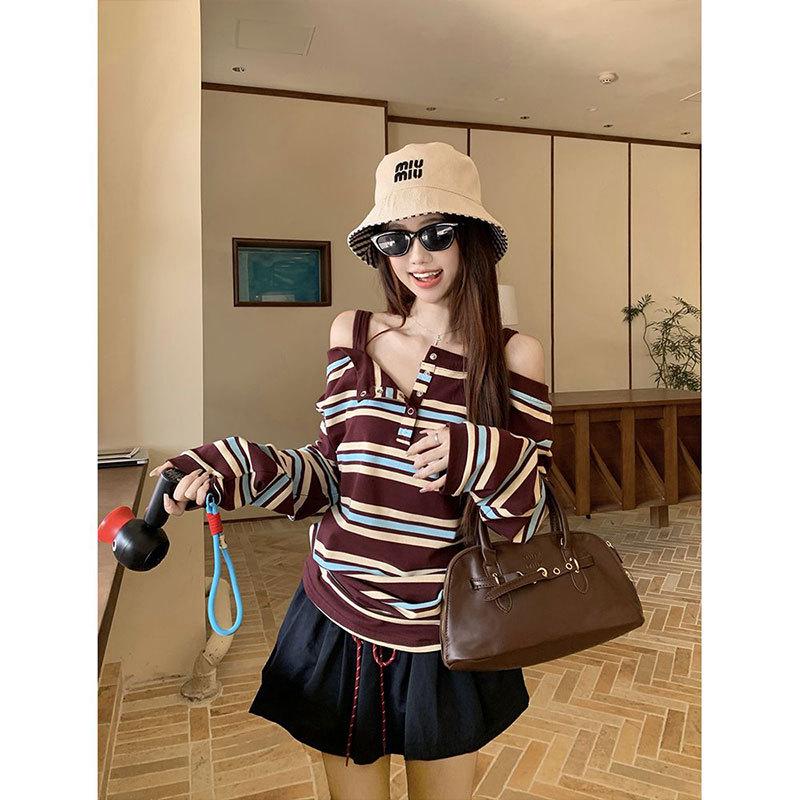 Korean Style One-Shoulder Contrast Stripe Patchwork Long-Sleeve T-Shirt with Spaghetti Straps for Women - Spring/Autumn Chic Top