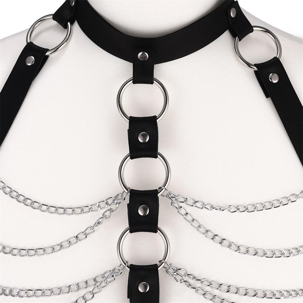 Catena body harness in pelle nera per donne e ragazze Catena per il corpo sexy Gioielli per feste Punk Accessori Festival Rave Gotici