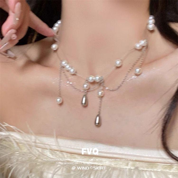 Retro Pearl Water Drop Fringed Neck Chain Temperament Design Sense Camellia Collarbone Chain Necklace Women