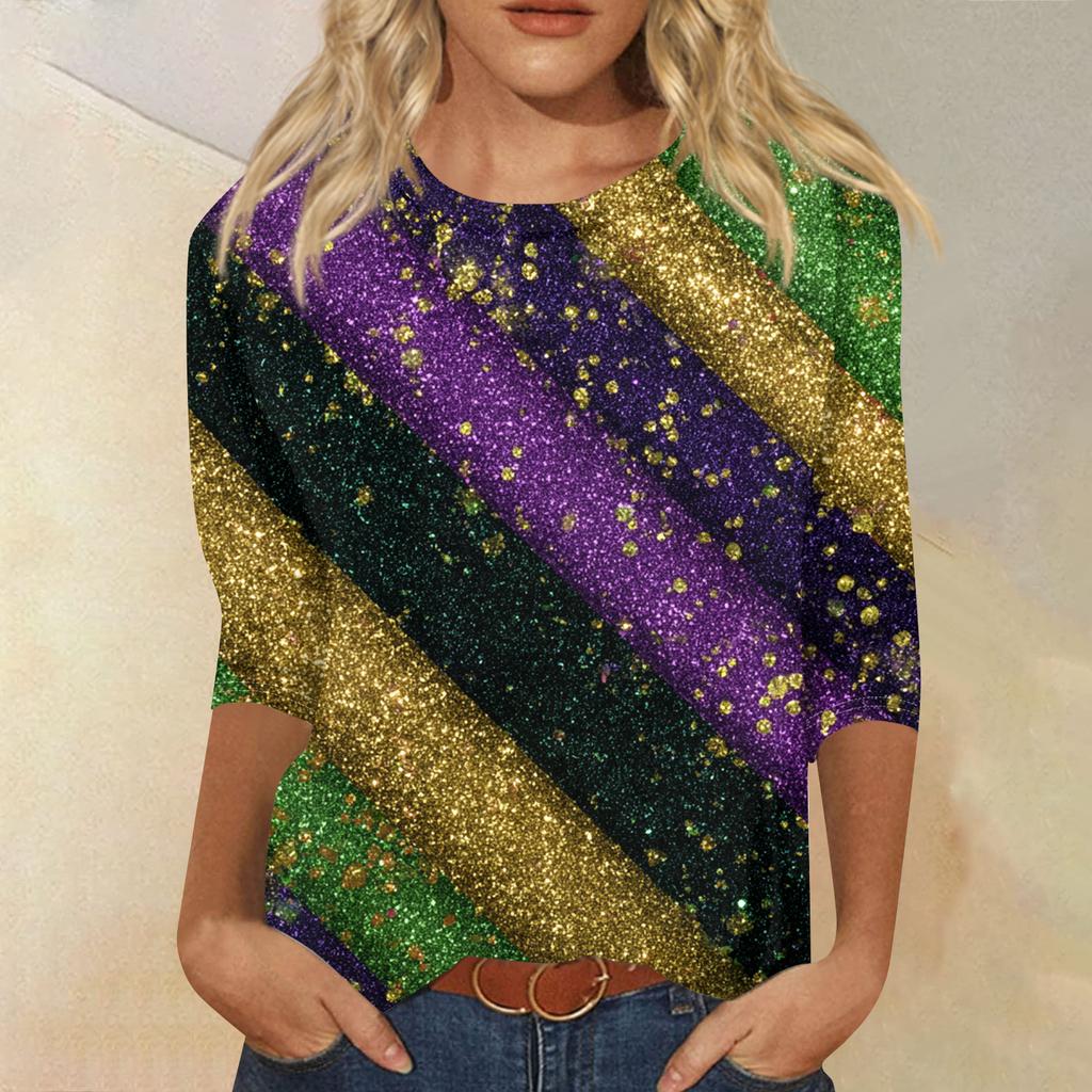 Women's Fashion Casual Round Neck Three-quarter Sleeve Carnival Print T-shirt Top