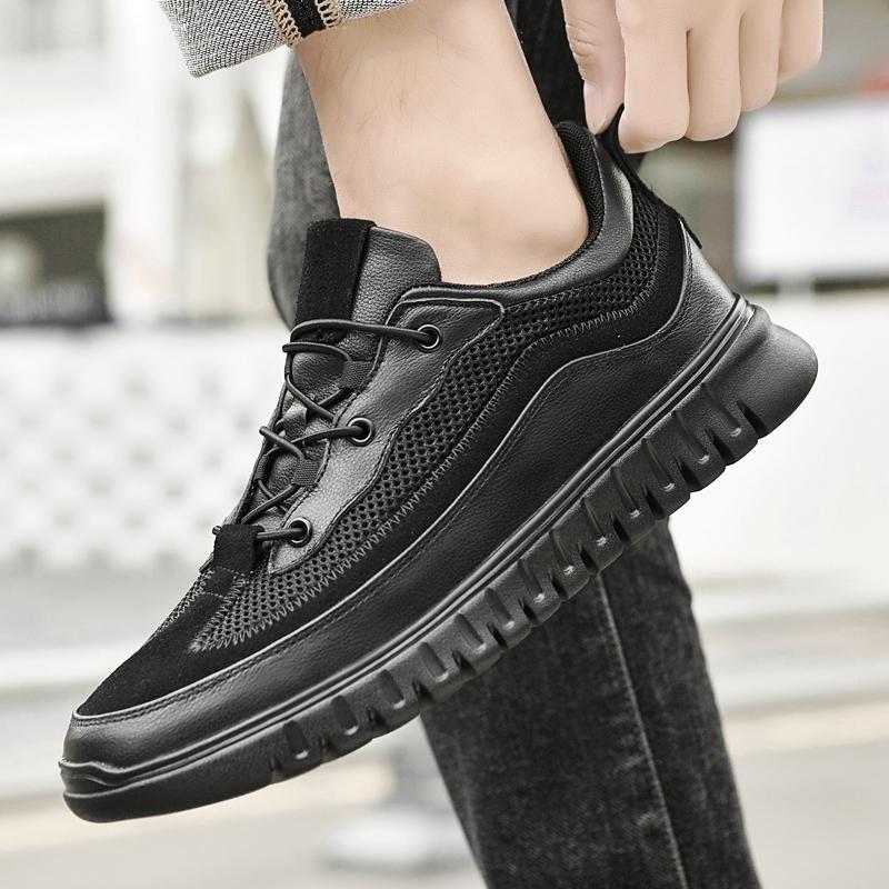 Fashion Trendy Brand Men's Genuine Leather Shoes Breathable Mesh Outdoor Hiking Shoes Simple Versatile Men's Sports Leisure Shoes