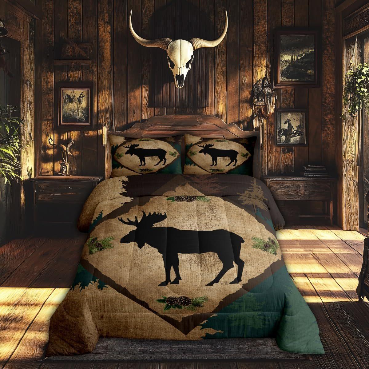 

3Pcs Lodge Cabin Comforter Set King Size, Wild Deer Antlers Pine Trees Retro Grid Bedding with Pillowcases EU Twin(135x200cm)