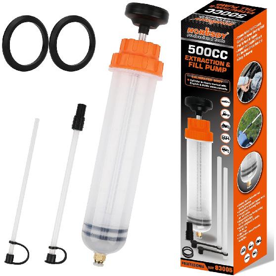 HORUSDY 500CC Fluid Extractor Automotive, Oil Extractor/Oil Syringe, Fluid Syringe Pump Manual Suction Vacuum Fuel Car Transfer