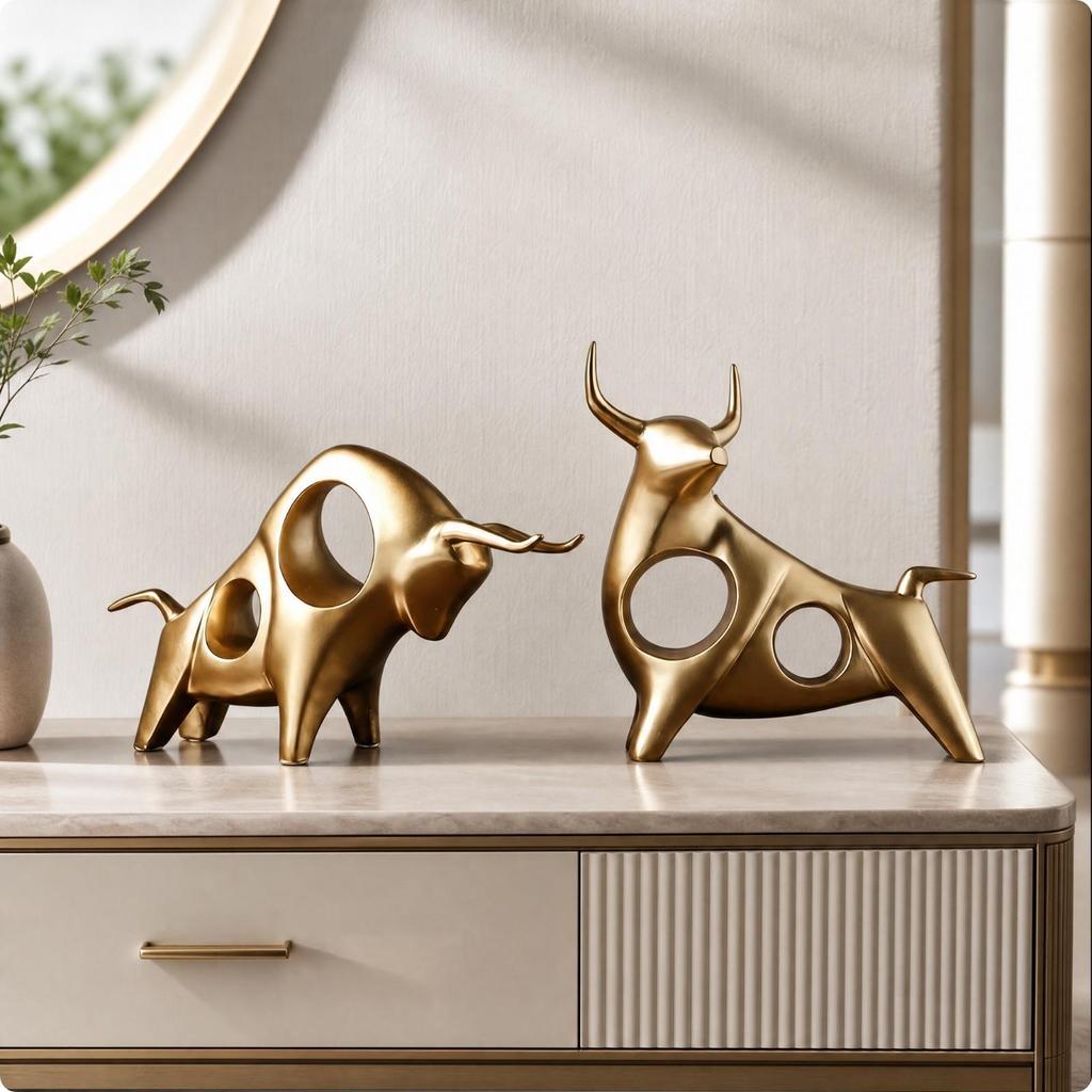 2 Pieces Figurine Decorative Injection Molded Resin Bull Figure Modern