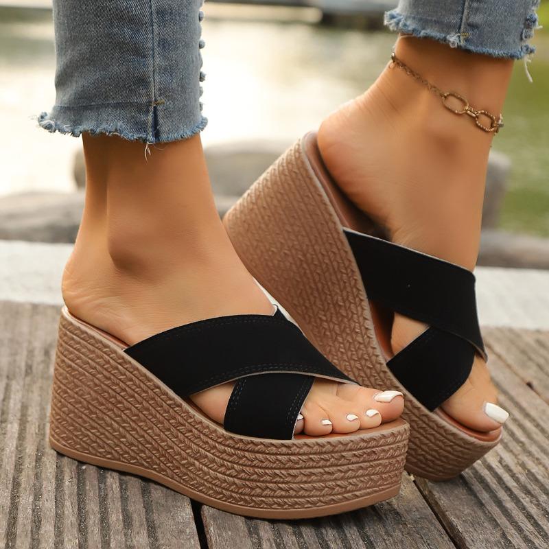 Summer Crossed Wedge Heel Slippers Women's Muffin Large Size Casual Thick Bottom Cool Slippers 34-43