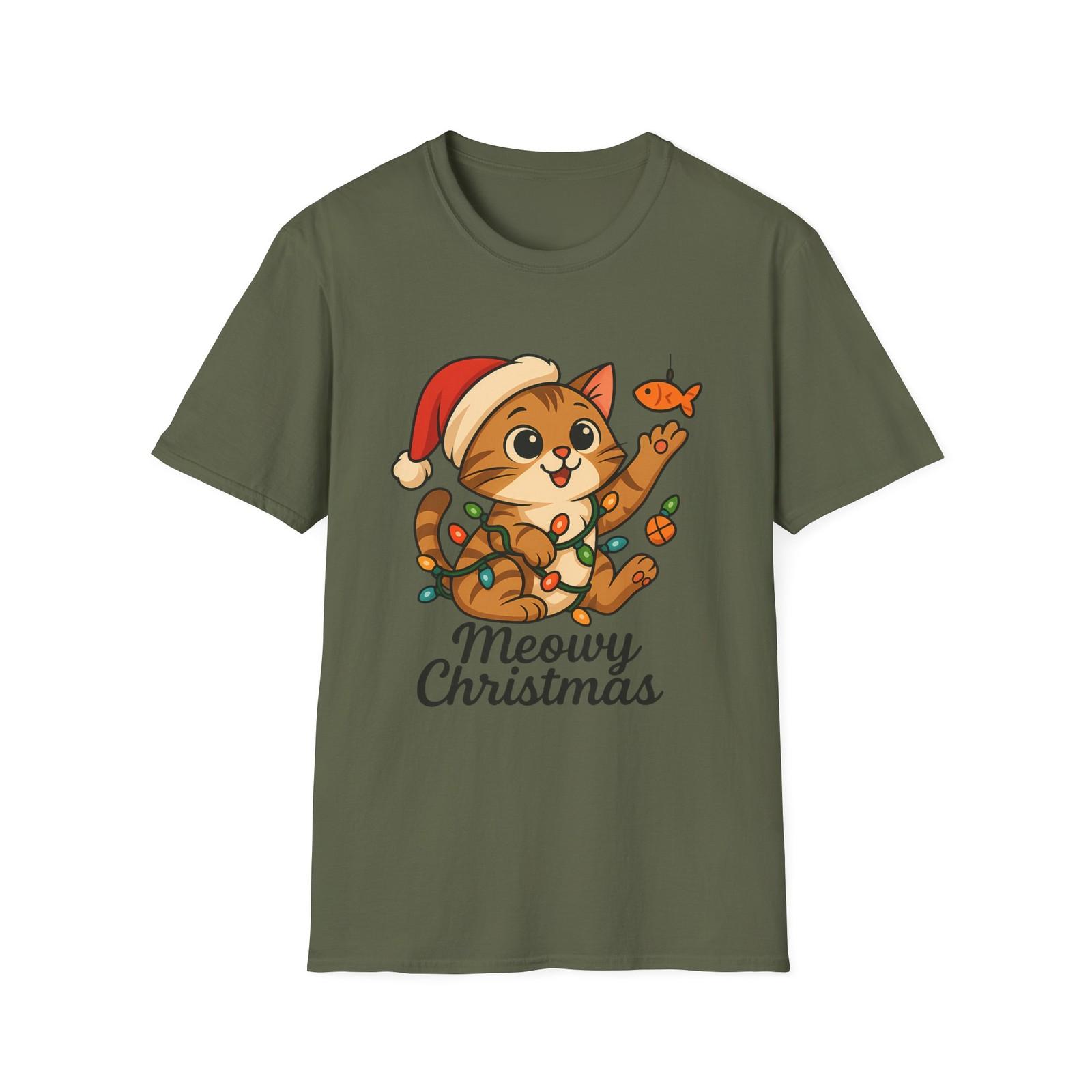 Unisex Softstyle T-Shirt Mens Womens Tees Top Meowy Christmas Funny Cat Ornament Holiday Lights Tee L