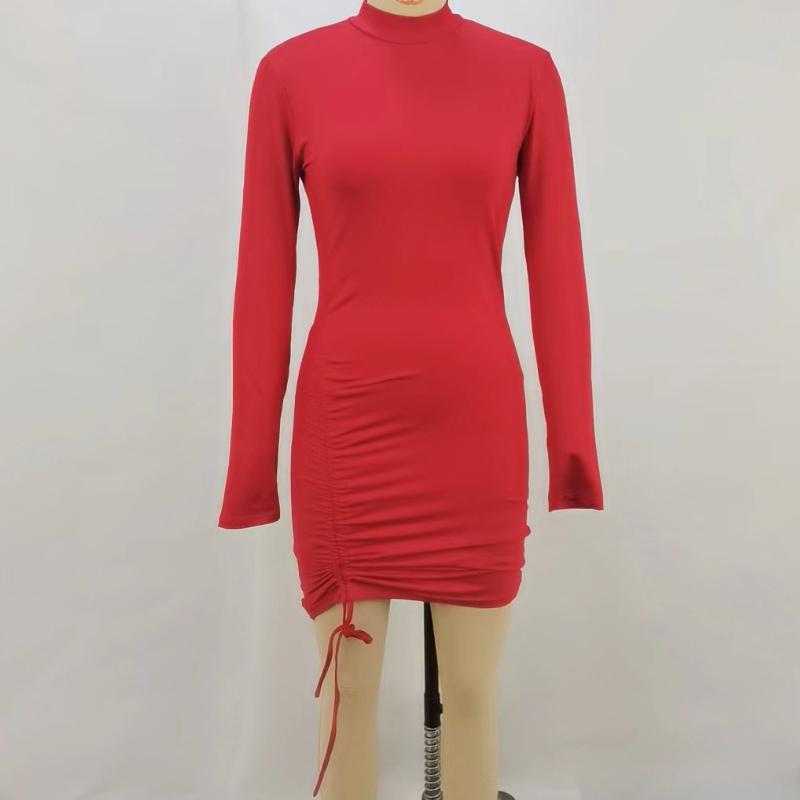 Long Sleeve Ruched Bodycon Dress Women Turtleneck Bandage Mini Dresses Autumn Black Skinny Stretchy Party Dress