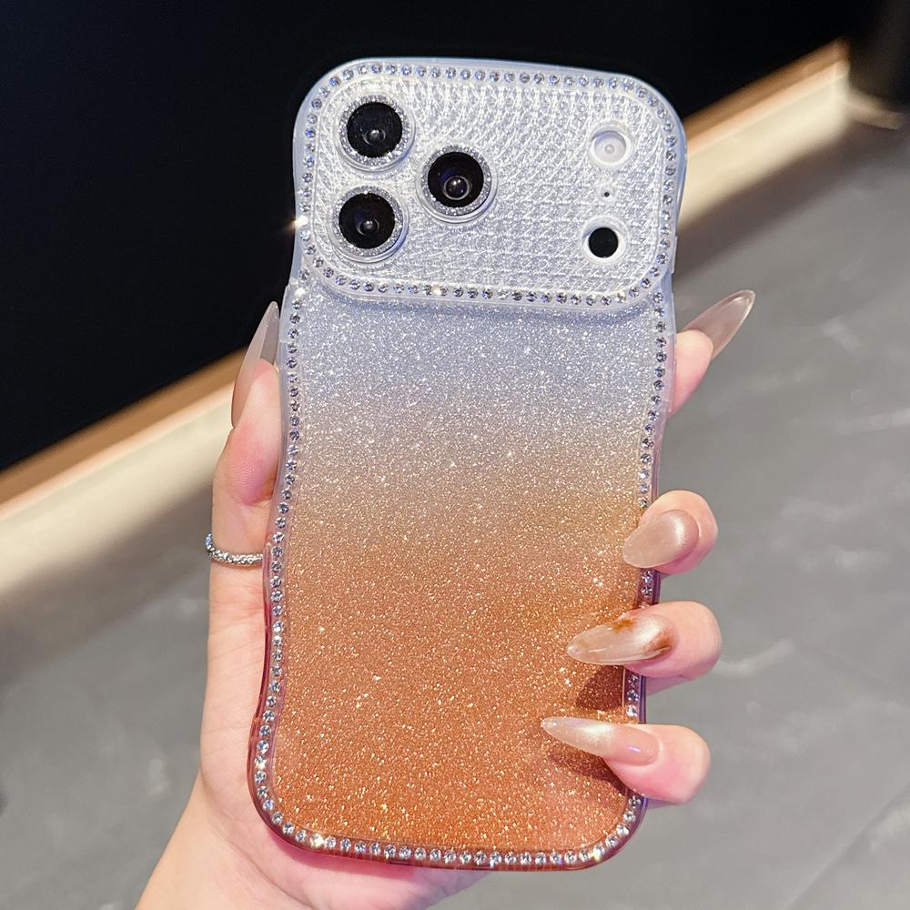 KEYSION Gradient Glitter Jewelled Phone Case for iPhone 16 17 Pro Max Air 16 Plus Wavy Border Lens Protector Shockproof Cover
