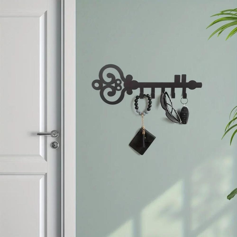 Wall Mounted Black Metal Key Organizer with Hooks