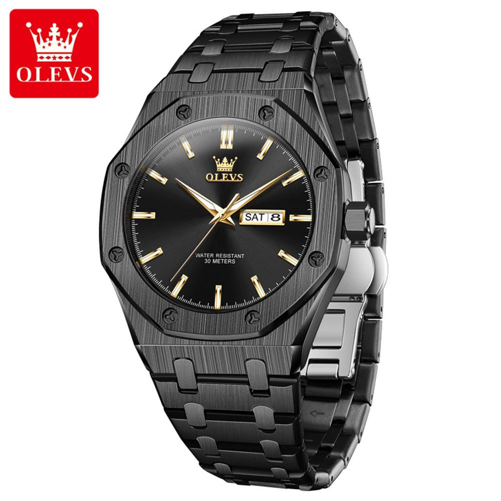 OLEVS Watches For Men Stainless Steel Strap Waterproof Luminous Dual Calendar Business Wristwatch Original Quartz Man Watch 3726