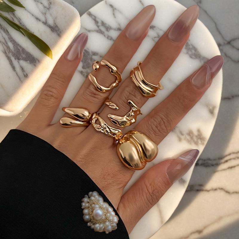 Personality Metal Lava Irregular Opening Rings Set for Women Exaggerated Gold Color Smooth Pleated Layered Ring Party Jewelry золотой