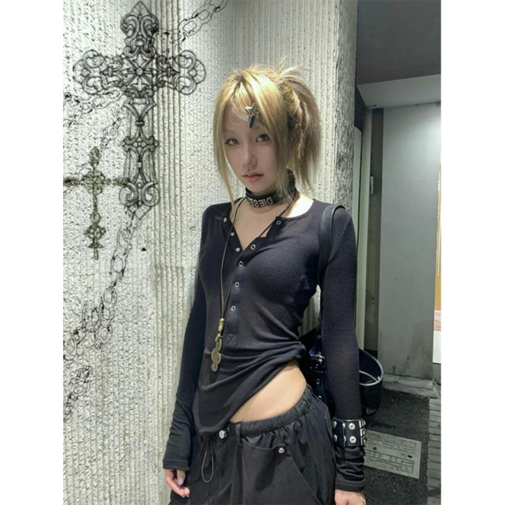 VAYLA Y2k Japonské tričko Dámské Krajkové Dlouhý rukáv Potisk Grafické topy Streetwear Americký Retro 90. léta Crop topy