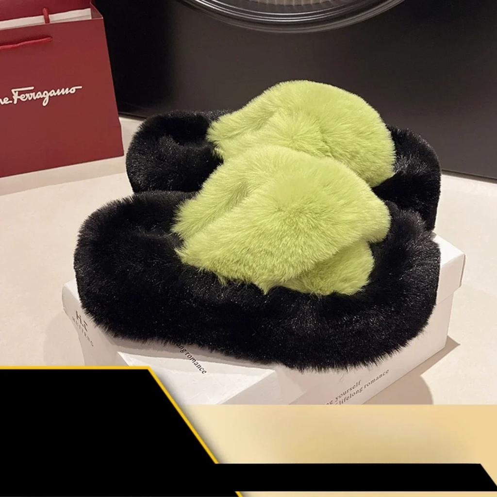 Fashion 2025 Autumn/Winter Candy Color Plush Slippers, Women's Plush Thick Sole Plus Size Cotton Slippers