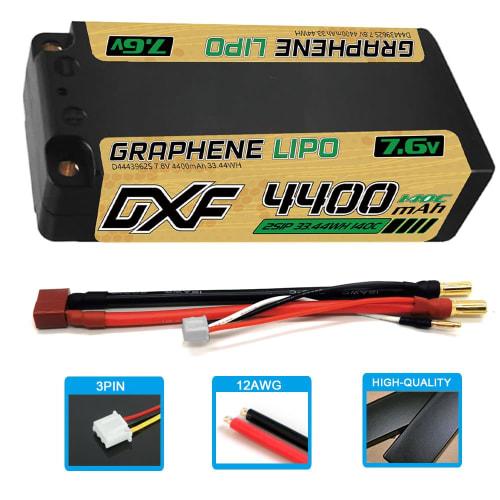 DXF Short LiPo Battery, 2S, 7.6V, 140C, 4400mAh, LCG Hard Case, RC Battery, Japanese-Korean Lithium Polymer Material, 5mm, with Plug, for RC Cars, Tru