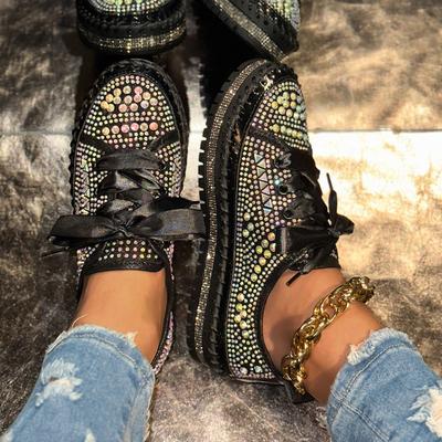 Spring and Summer Hand-sewn Casual Board Shoes Women's New Diamond-encrusted Single Shoes Platform Sequined Muffin Lace-up Women's Shoes