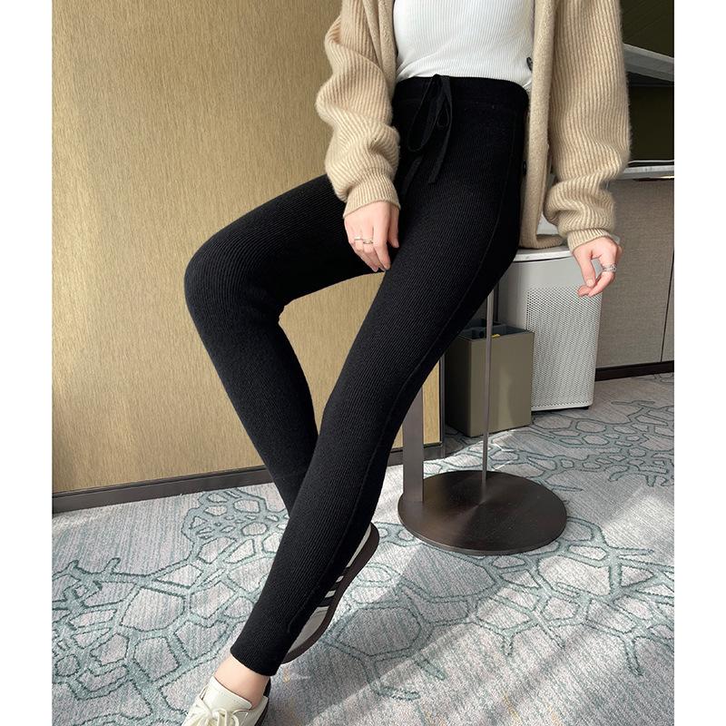 Damen Cashmere High-Waist Gestreifte Schlankmachende Hose: Bauchkontrolle, Po-Lifting, Warm, für Herbst/Winter, Innen- oder Außenbekleidung.