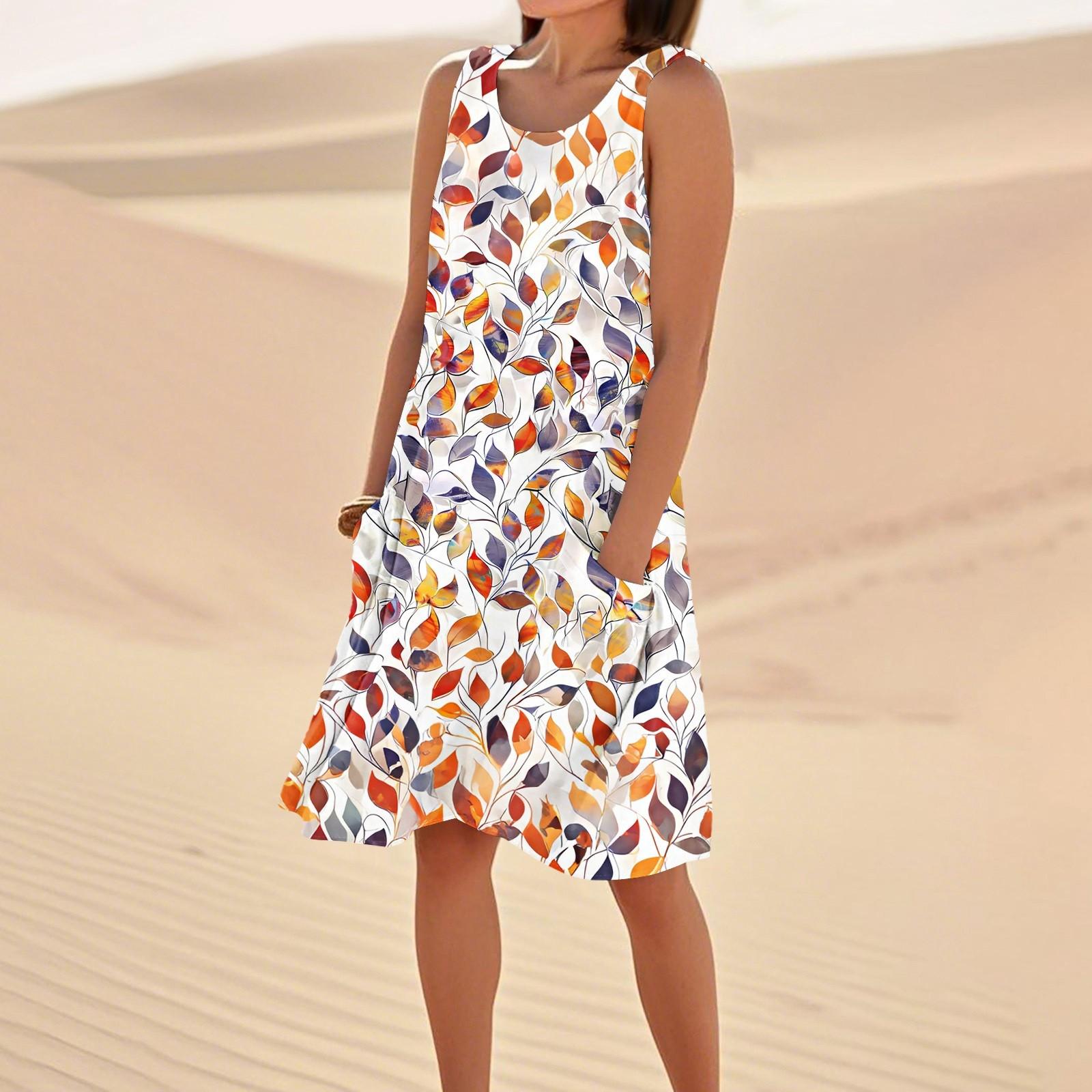 

Платья с принтом для женщин, свободные, пляжные, повседневные, без рукавов, сарафаны с карманами, платье-майка L шафрановый