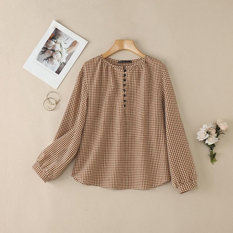 ZANZEA Women Casual Round Neck Long Sleeve Plaid Print Loose Blouse
