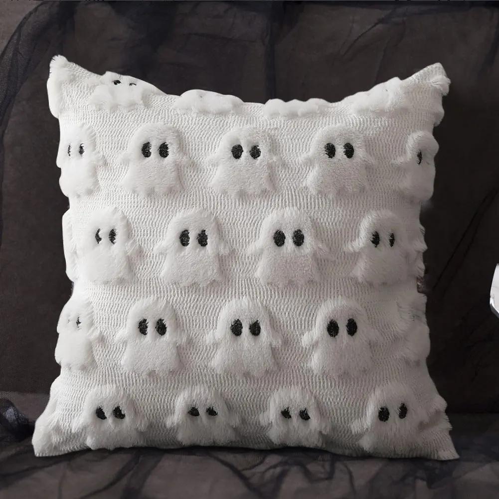 Halloween Ghost Pumpkin Pillowcase Washable Plush Faux Fur Pillowcase Comfortable Pillow Cover for Couch Sofa Home Decor 45*45cm