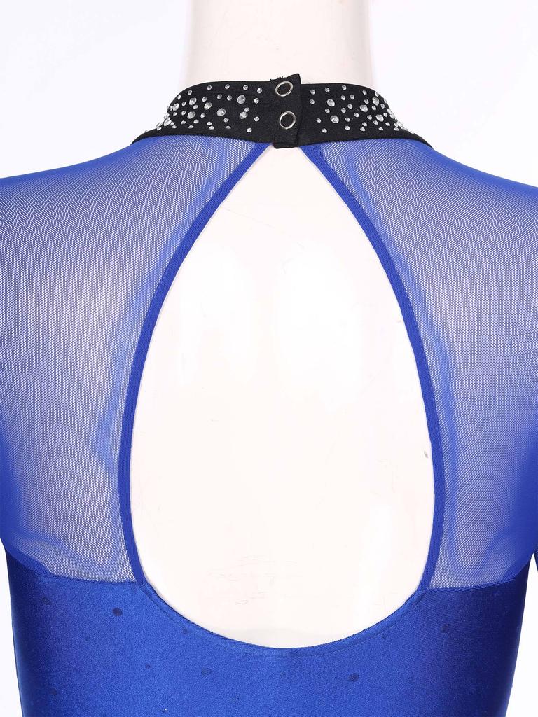 Damen Glitzernde Strasssteine Tanzkleid Kontrastfarbe Unregelmäßiger Saum Schlüssellochrücken Langarm Performance-Outfit