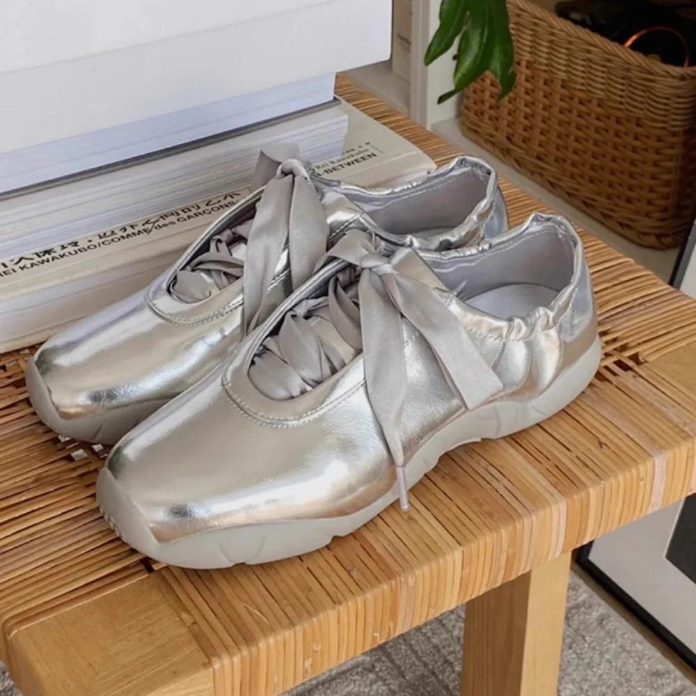 Luxury Shoes Women Fashion Trend New Versatile Silver Strap Ballet Shoes Woman Casual Sports Shoes Flat Bottomed Sneakers Women