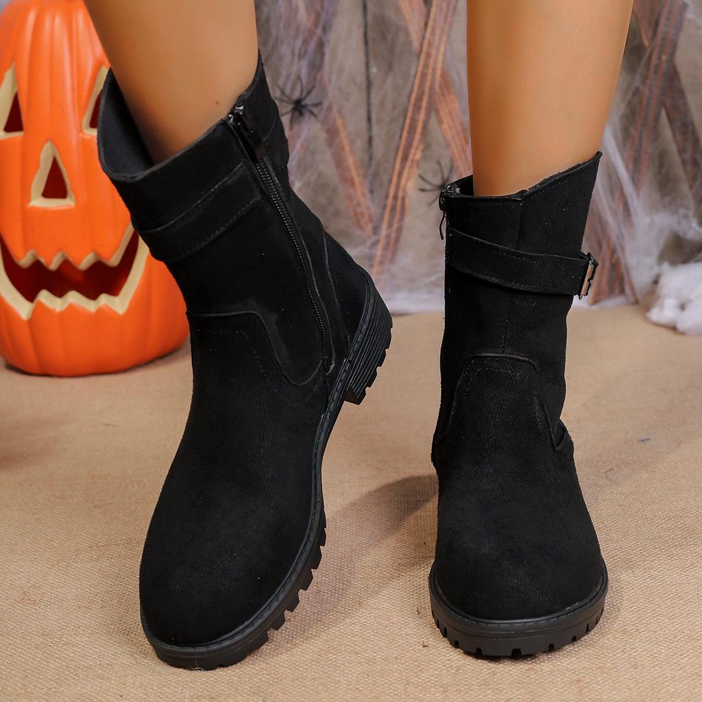 Autumn and winter new round head side zipper low heel large size short boots belt buckle Martin boots