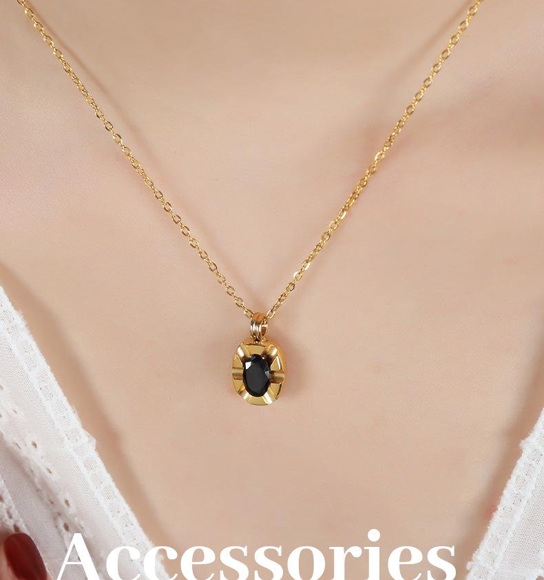 Elegant Black Zircon Oval Pendant Necklace - Gold-Plated Versatile Clavicle Chain for Women