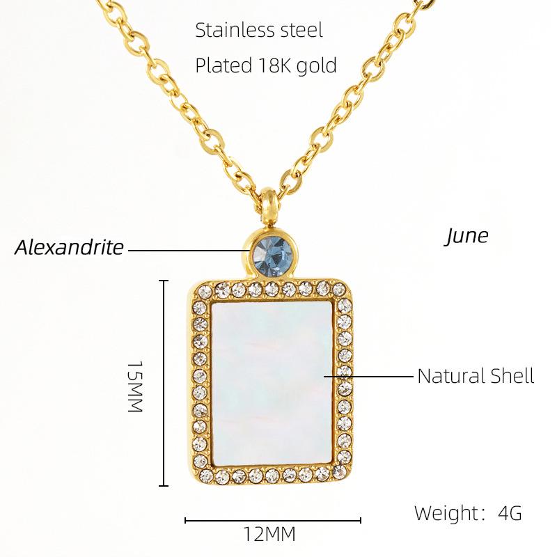 18K Titanium Steel Birthstone Pendant Necklace with Square Shell Design for Women