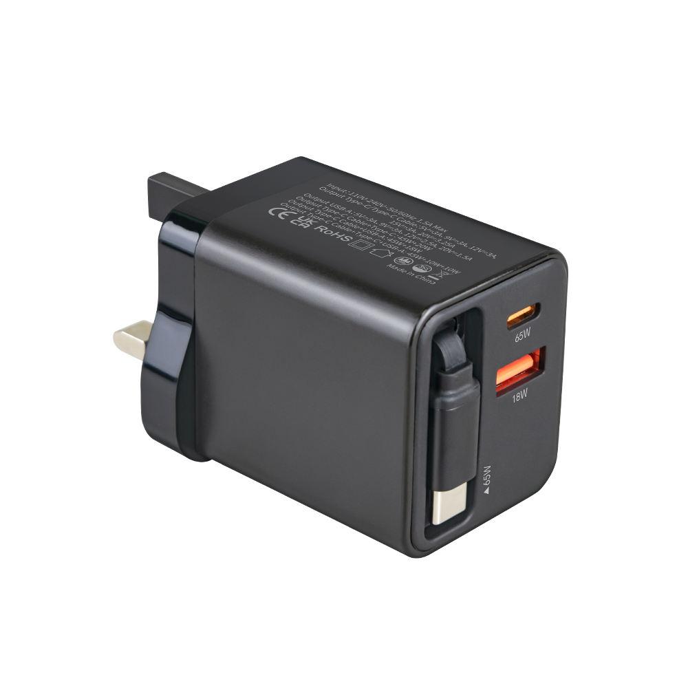 

65W GaN Retractable Wall Charger with Retractable Cable 65W 2 Ports PD+QC 3.0 Fast Charger Adapter for Mobile Phone Charger US