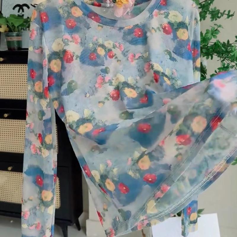 Plus Size Transparent Mesh Sun Protection T-shirt Women's Summer Loose Slimming Outerwear Long-sleeve Printed Cover-up Top